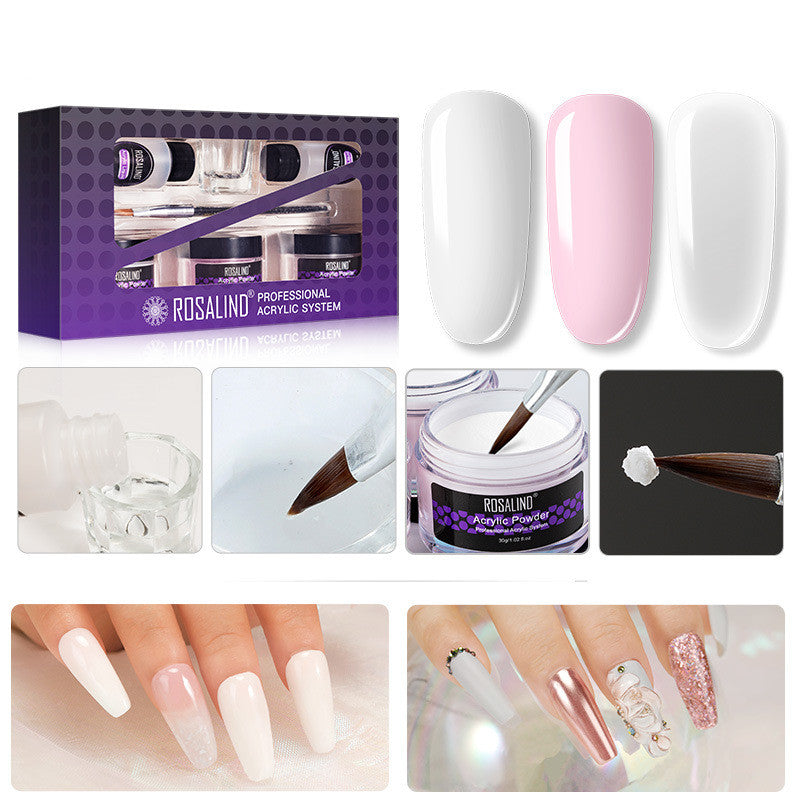 Acrylic Nail Powder Starter Kit - 3 Colors with Liquid & Brush