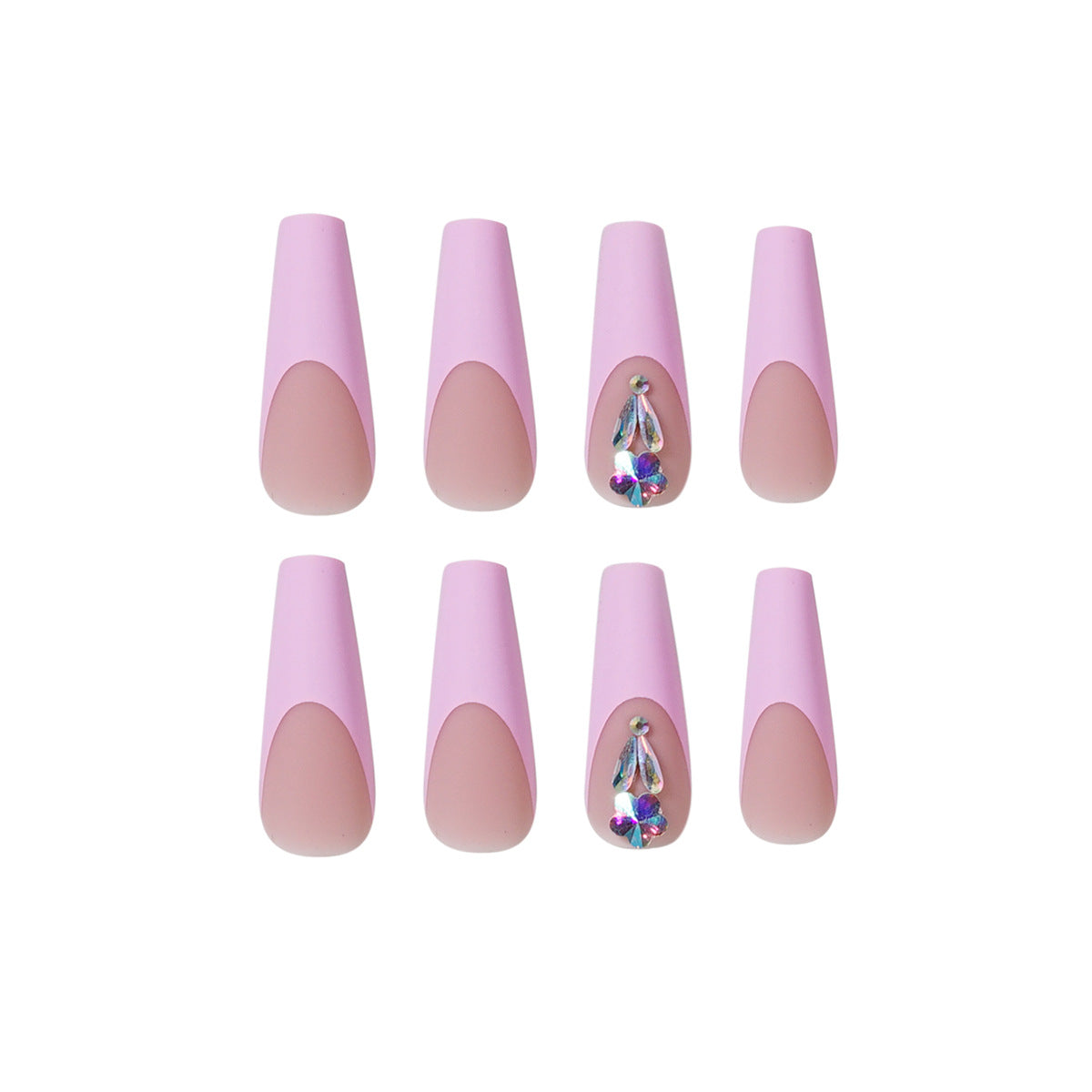 Long Nail Art Glitter Set - Peach Pink French Plum Blossom Diamond Drop Manicure