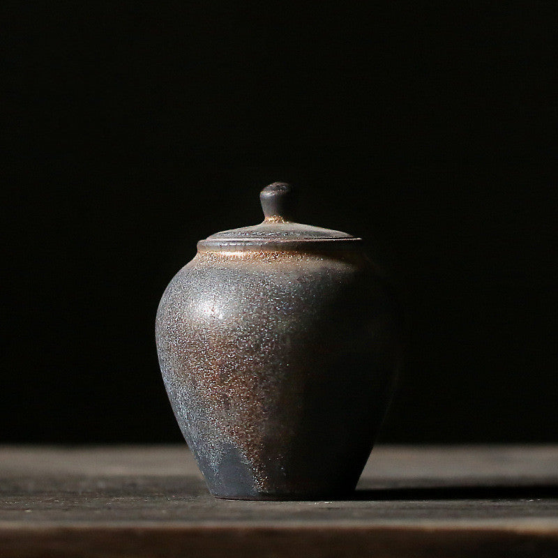 Small Ceramic Tea Caddy - Gilt Stoneware Storage Jar for Tea Keepers