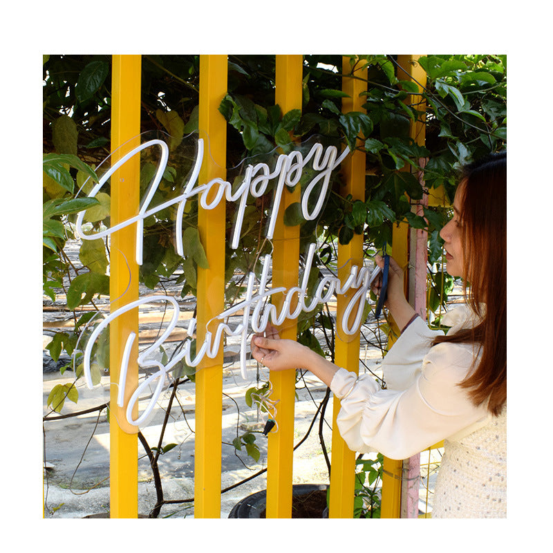Happy Birthday Neon Sign - Holiday Party Decoration, White LED Light