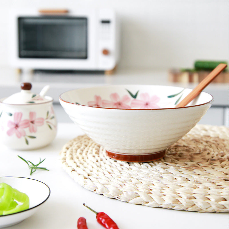 Japanese Hand-Painted Sakura Ceramic Noodle Bowl with Spoon - White