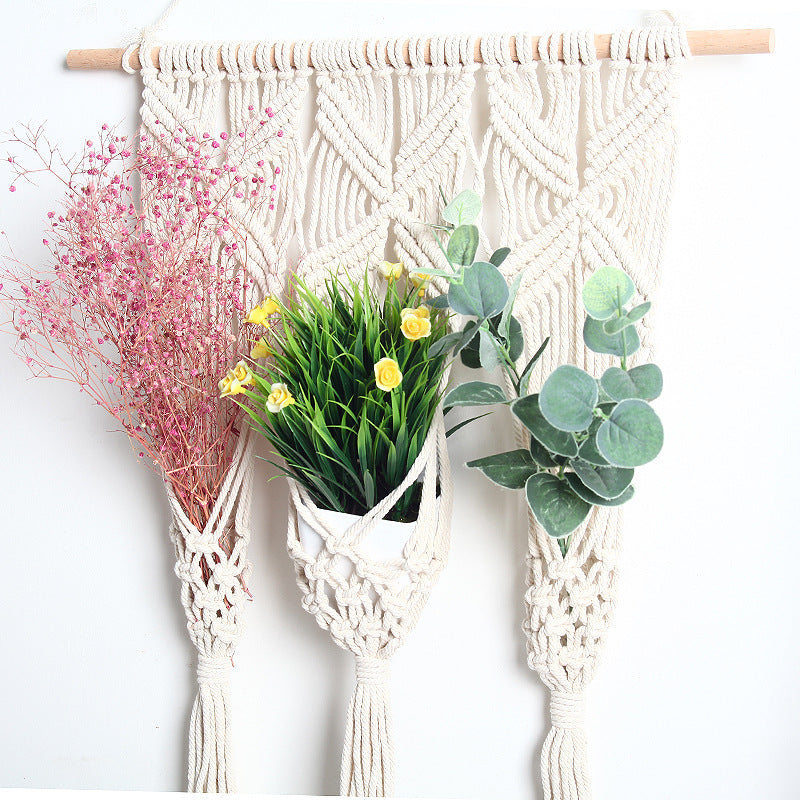 Woven Bohemian Dried Flower Pot Rack - Handcrafted Cotton Wall Decor