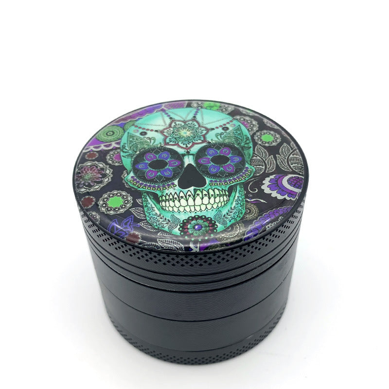 Herbal Skull Pattern Aluminum Cigarette Grinder with Multi-Functional Features