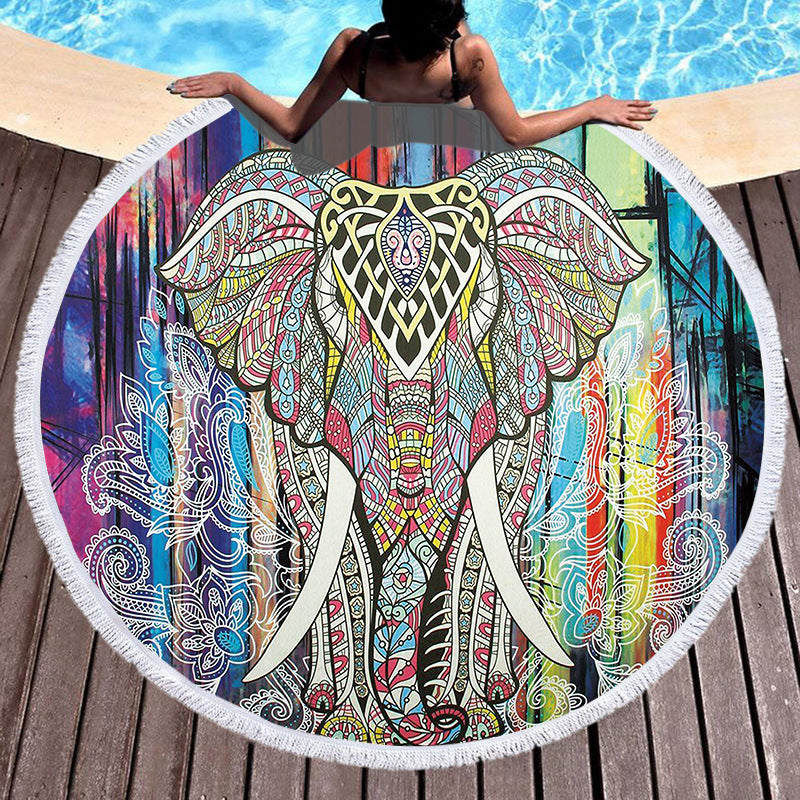 Round Microfiber Beach Towel with Tassels - Digital Print, 150x150cm