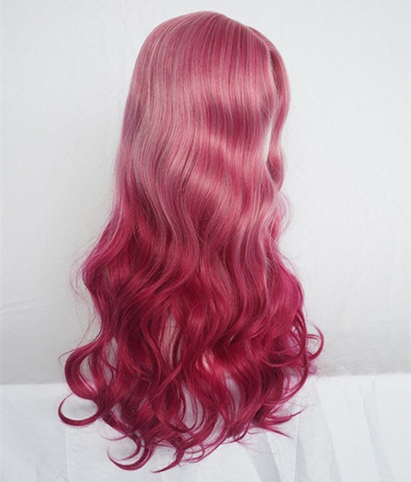 Long Curly Synthetic Wig with Red Wine Color and Bangs - Exotic Style