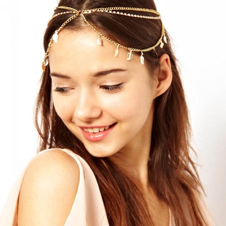 Diamond-Studded Chain Leaf Tassel Headband - Golden