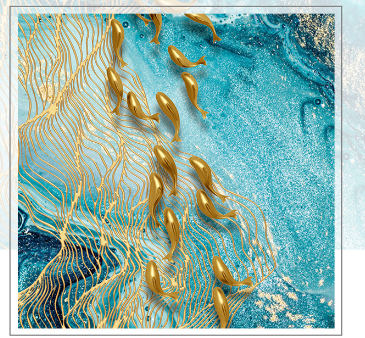Gold Fish Canvas Wall Art Nordic Geometric Abstract Painting