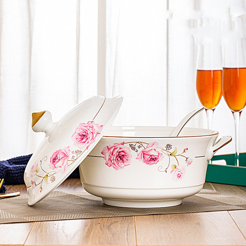 European Style Ceramic Casserole Dish with Cover - 3L Soup Pot for Kitchen