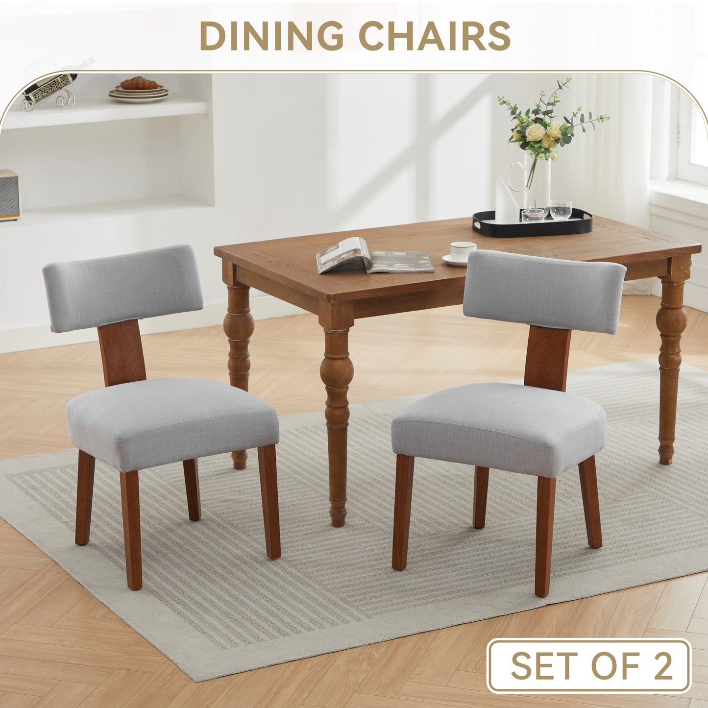 Set of 2 Gray Linen Modern Dining Chairs with Curved Backrest