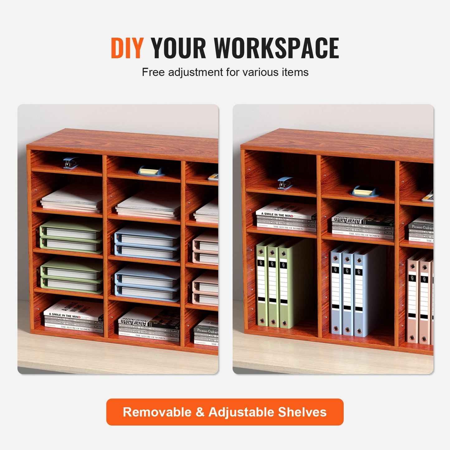 27-Compartment Wood Literature Organizer - Adjustable Storage for Files & Papers