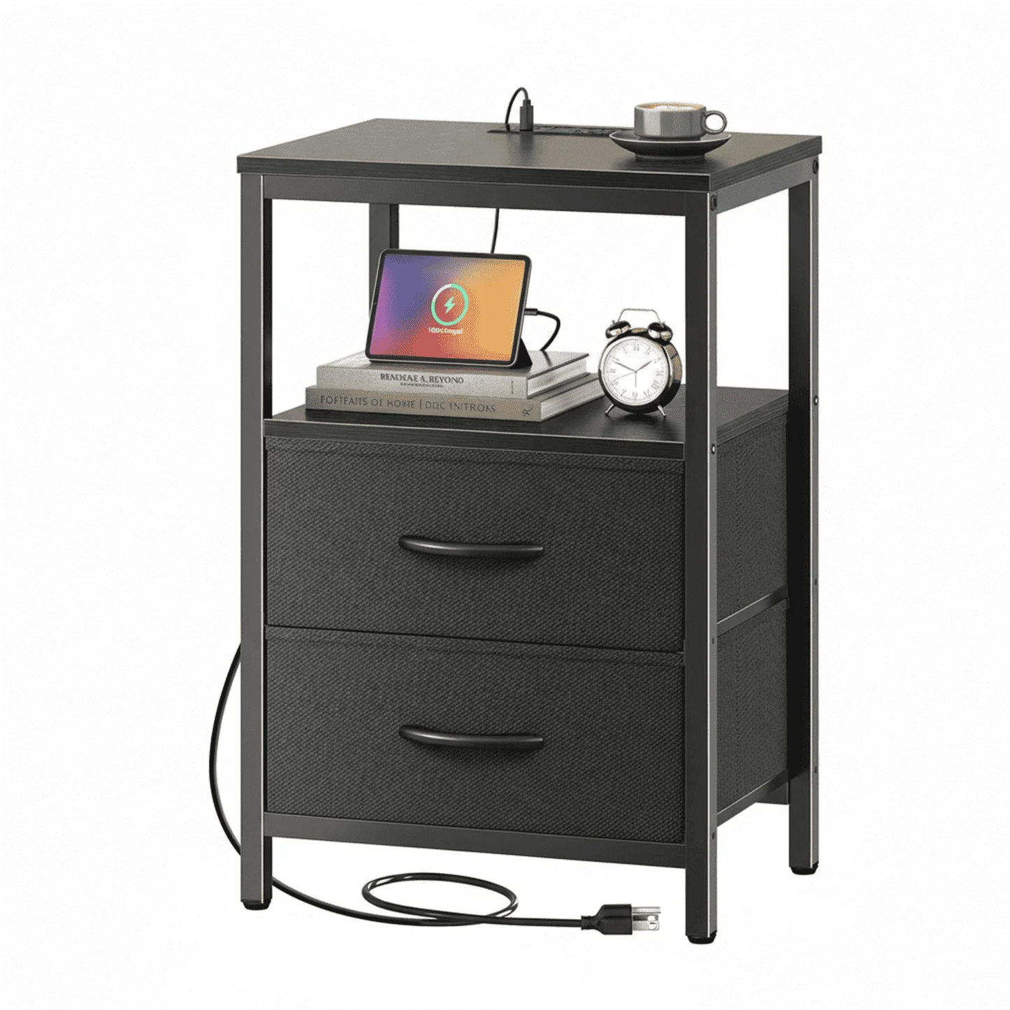 Compact Bedside Table with Charging Station & Fabric Drawers - Black