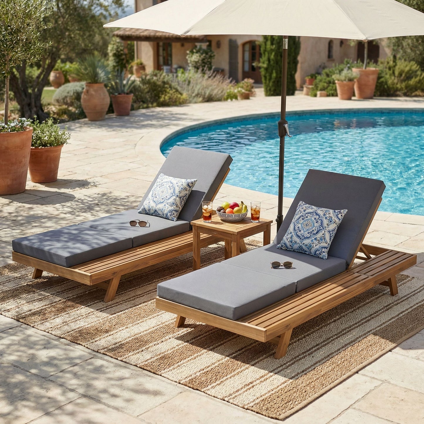 Lounge Chaise Set - Acacia Solid Wood with Dark Grey Cushion