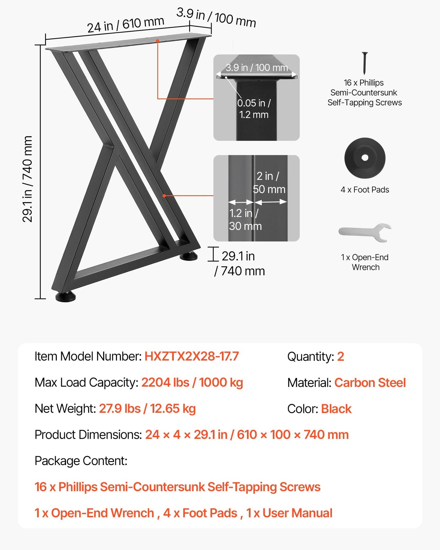 Heavy Duty Steel Table Legs 29.1" H x 24" W, Supports 2204 lbs, Black, Set of 2