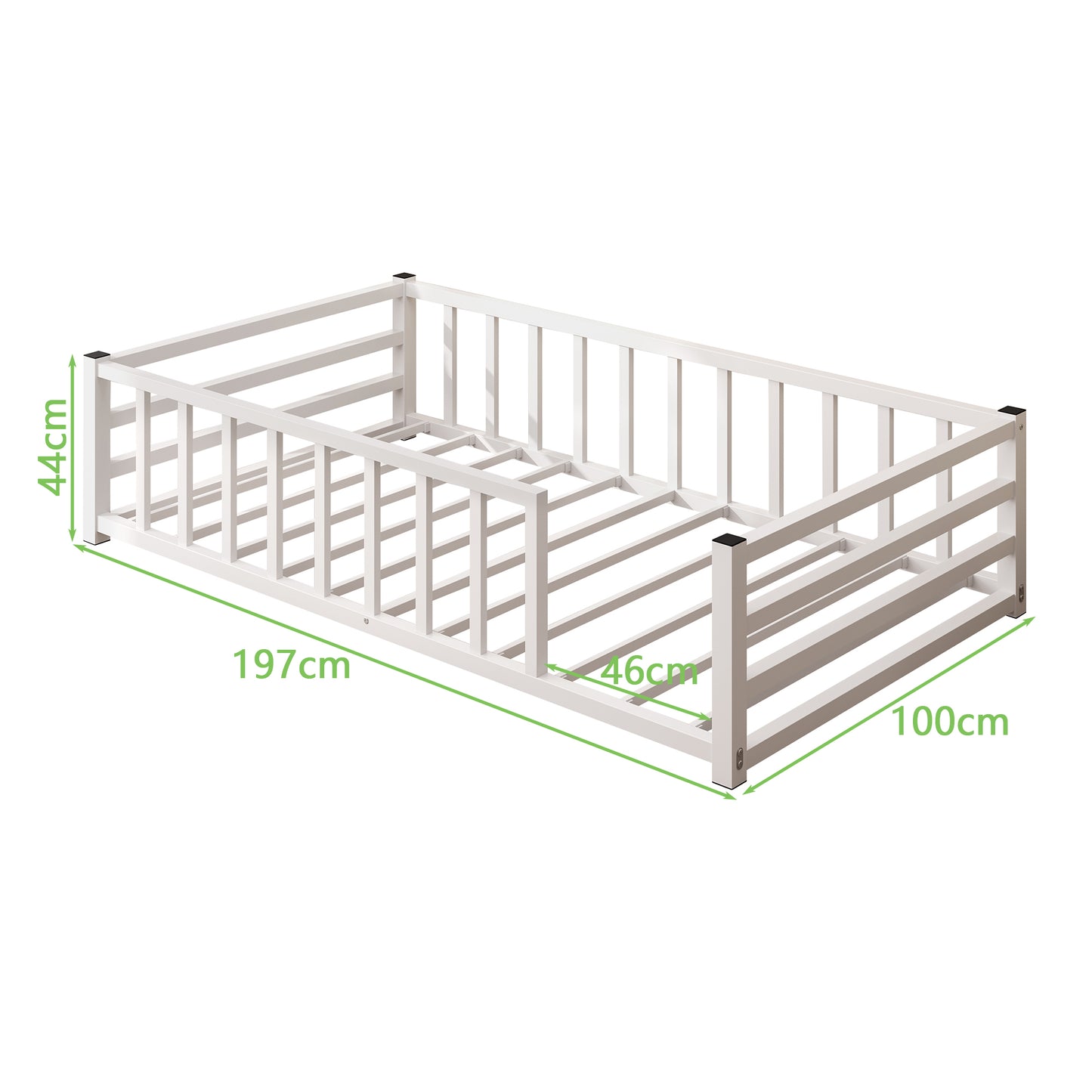Twin Size Low Profile Metal Bed Frame with Guardrails - White