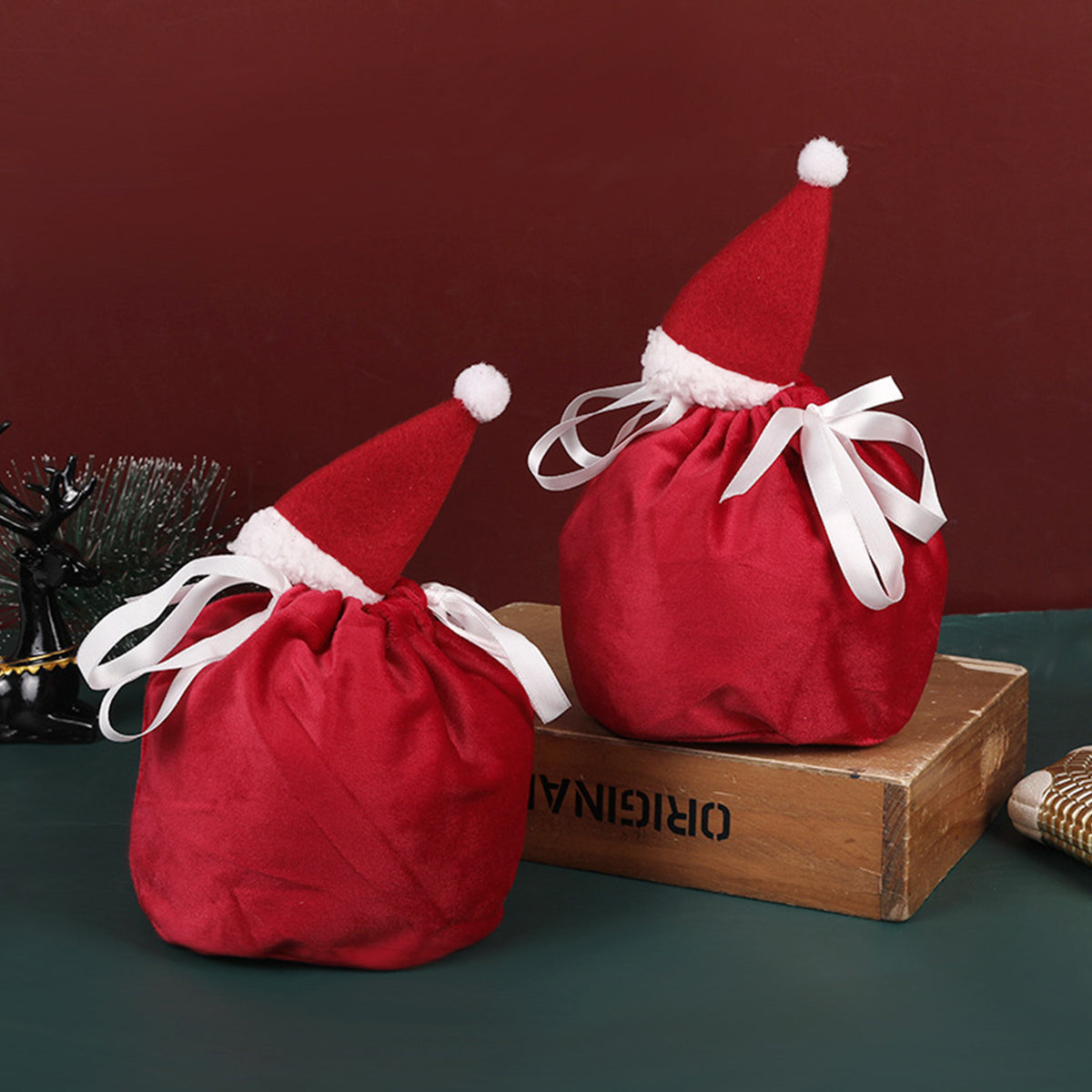 Christmas Treat Bags - 5 Packs Red & White Velvet Gift Wrap