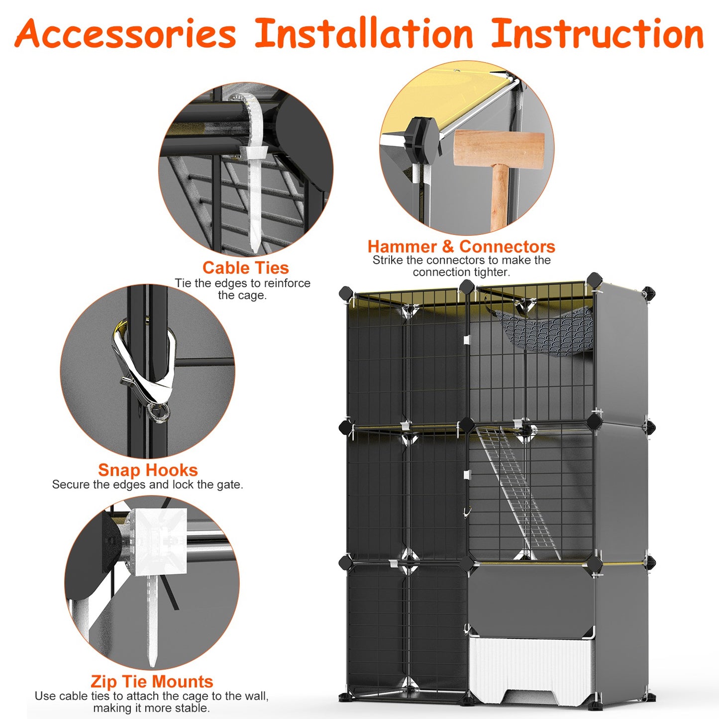 Indoor 3 Tier Cat Cage with Litter Box, Hammock, and Play Areas for Kittens