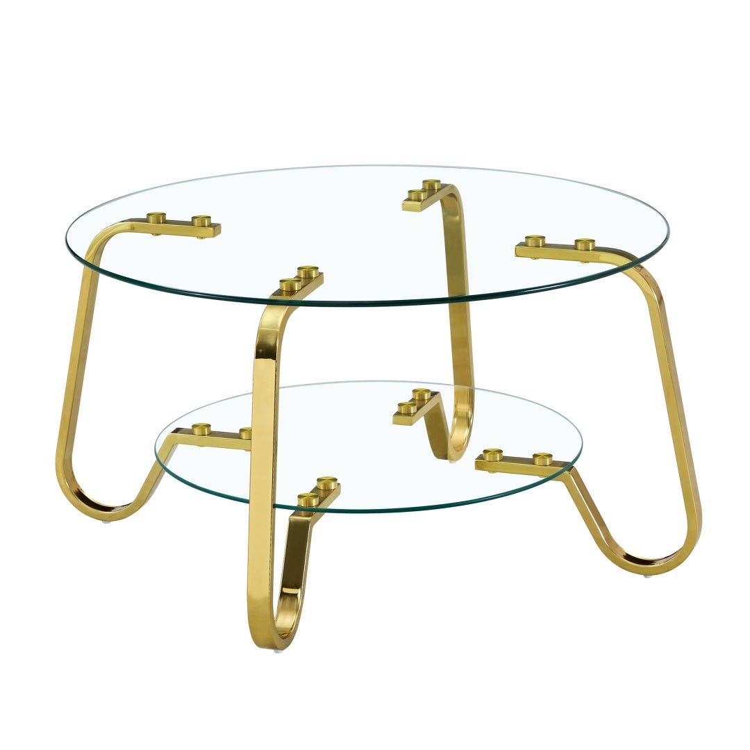 Retro Gold Metal Frame Double-Layer Glass Coffee Table - 31.5"