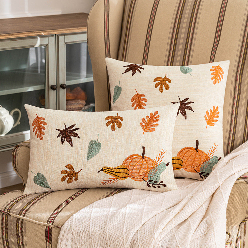 Embroidered Fall Leaf Pumpkin Cushion Cover for Sofa & Living Room