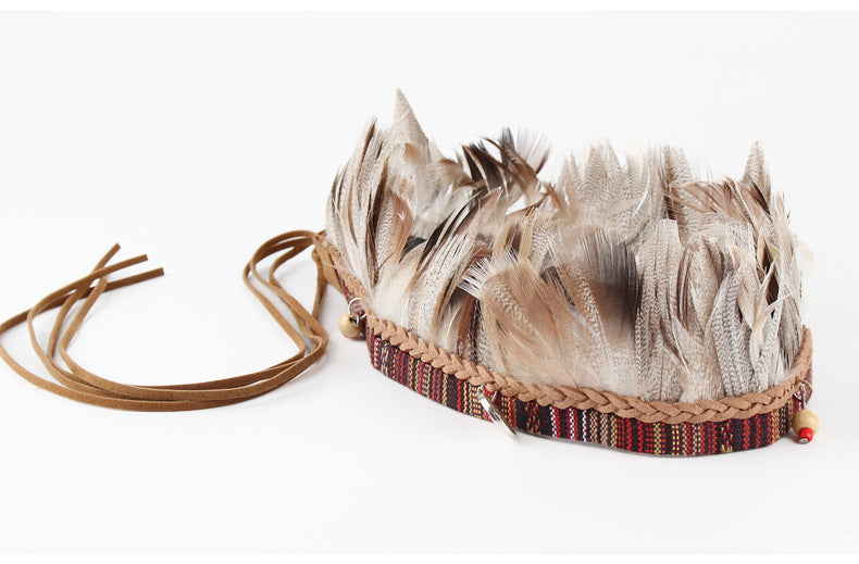 Bohemian Fabric Feather Headband with Ribbon Rope - Handmade Accessories