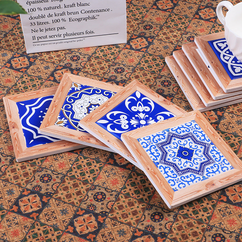Chinese Style Ceramic Cork Cup Mat - Dinnerware, Non-Slip Coaster Set