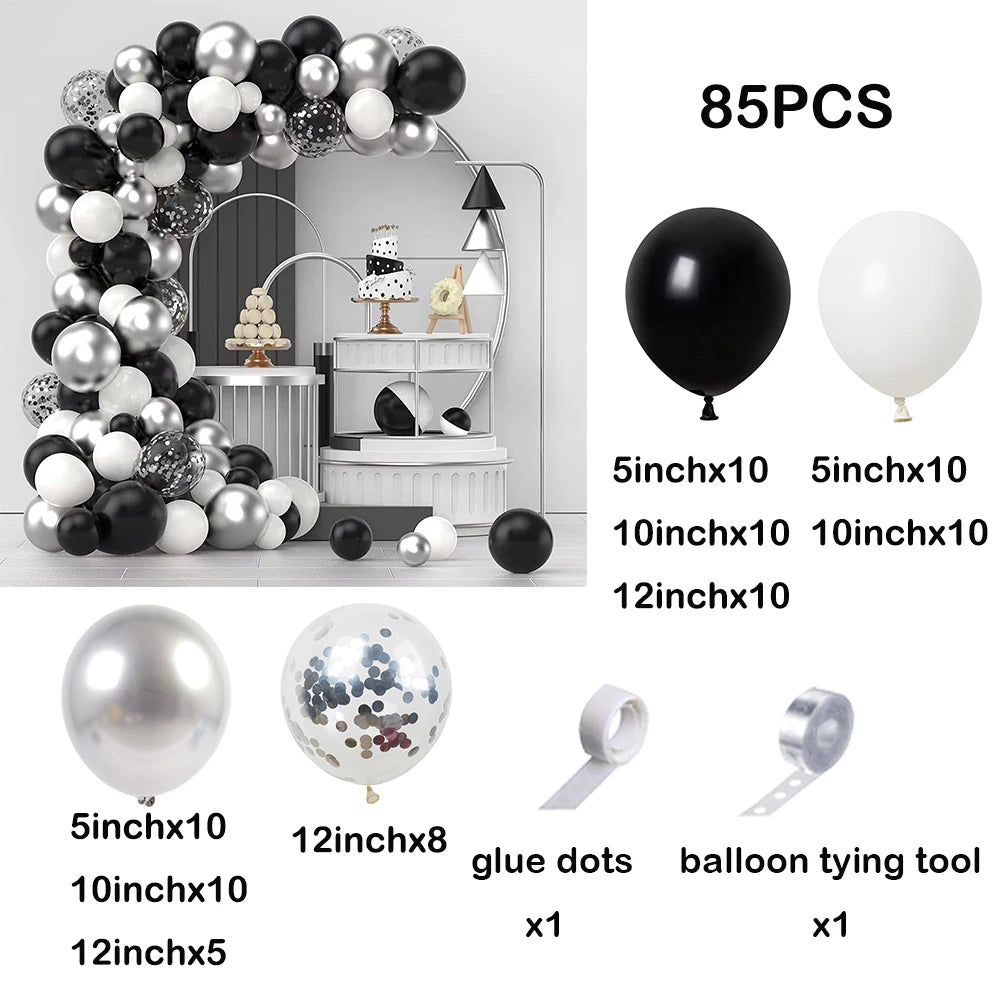 Balloon Arch Party Decoration Set - Black, Silver & White Latex Balloons