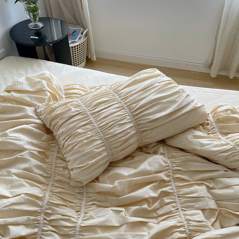 Handmade Bubble Pleated Cotton Bedding Set 4-Piece Modern Style Cream Yellow