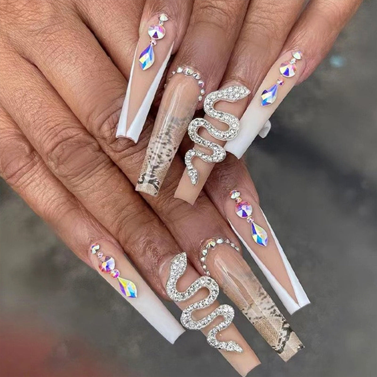 European Style Silver Snake Rhinestone False Nails Set - French Fragment Design