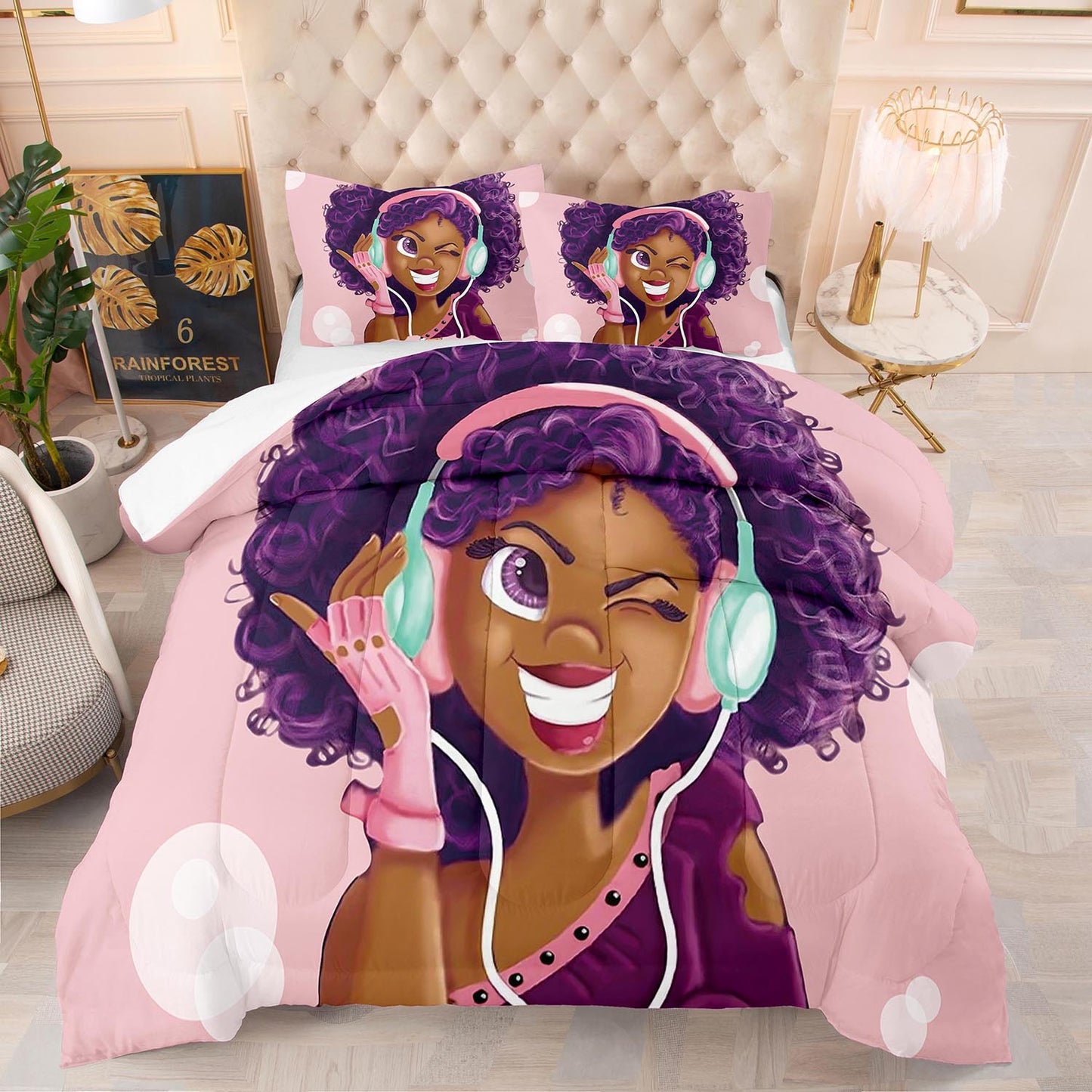 200x230cm Polyester Quilt Bed Cover Set for Summer & Ventilated Bedding - Black Girl Design