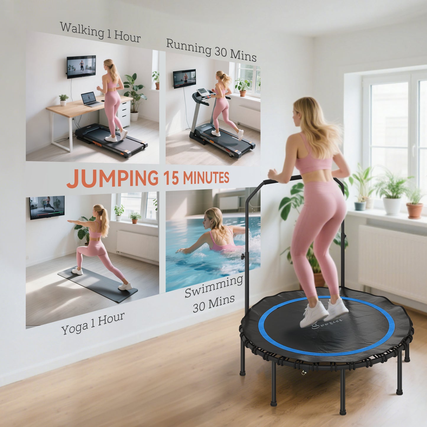48" Foldable Mini Trampoline for Adults with Adjustable Handle - Blue