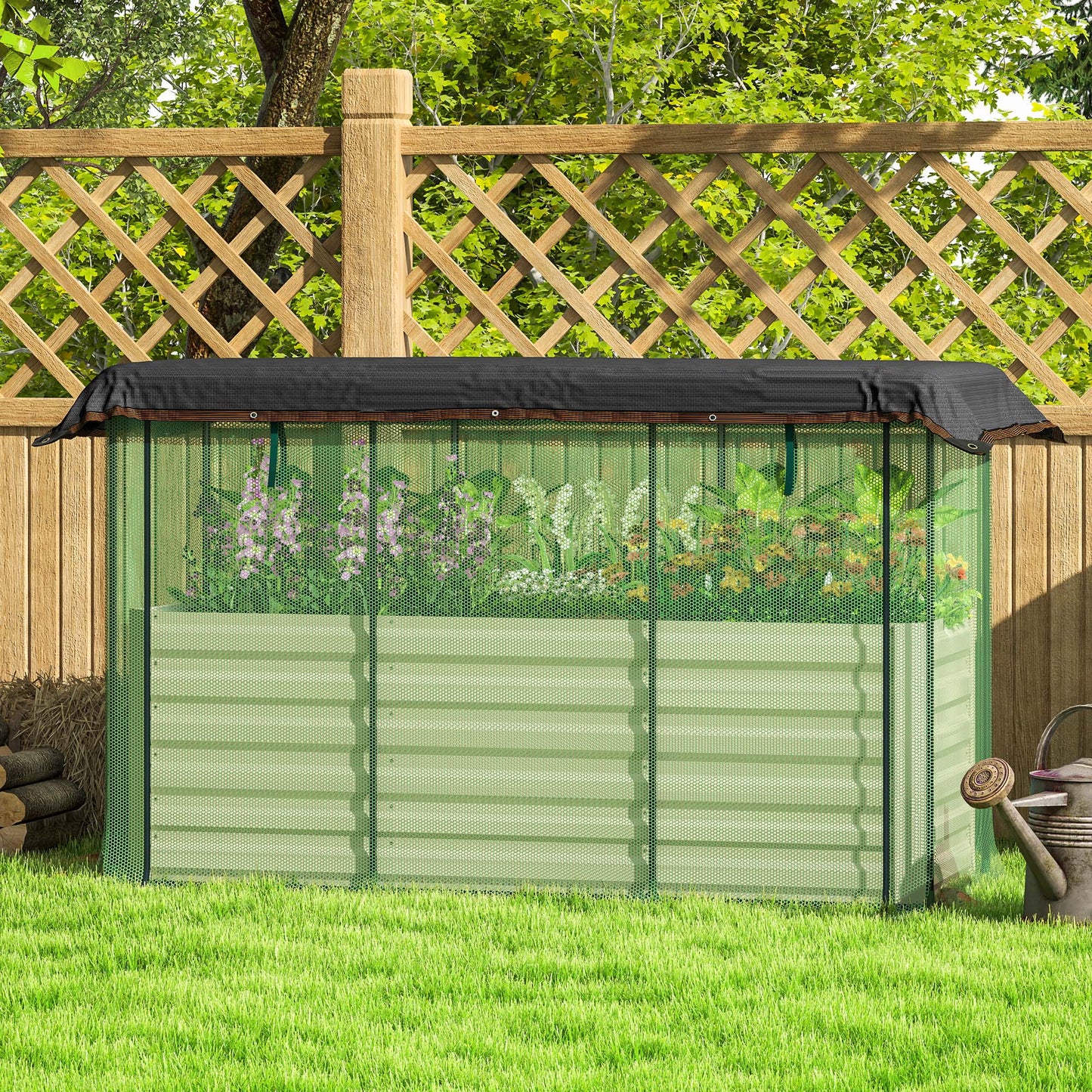 Galvanized Steel Raised Garden Bed with Crop Cage & Shade Cloth - Beige