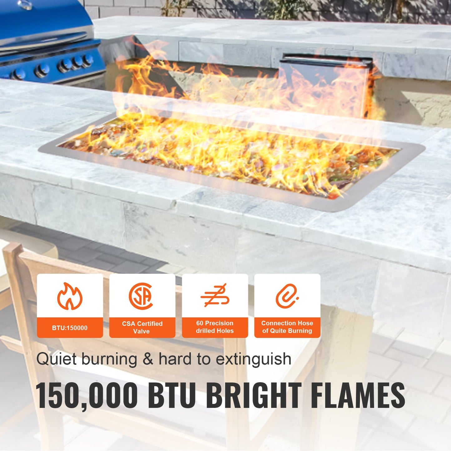 36 Inch Drop-in Fire Pit Pan Kit Stainless Steel Gas Burner for Indoor Outdoor Use