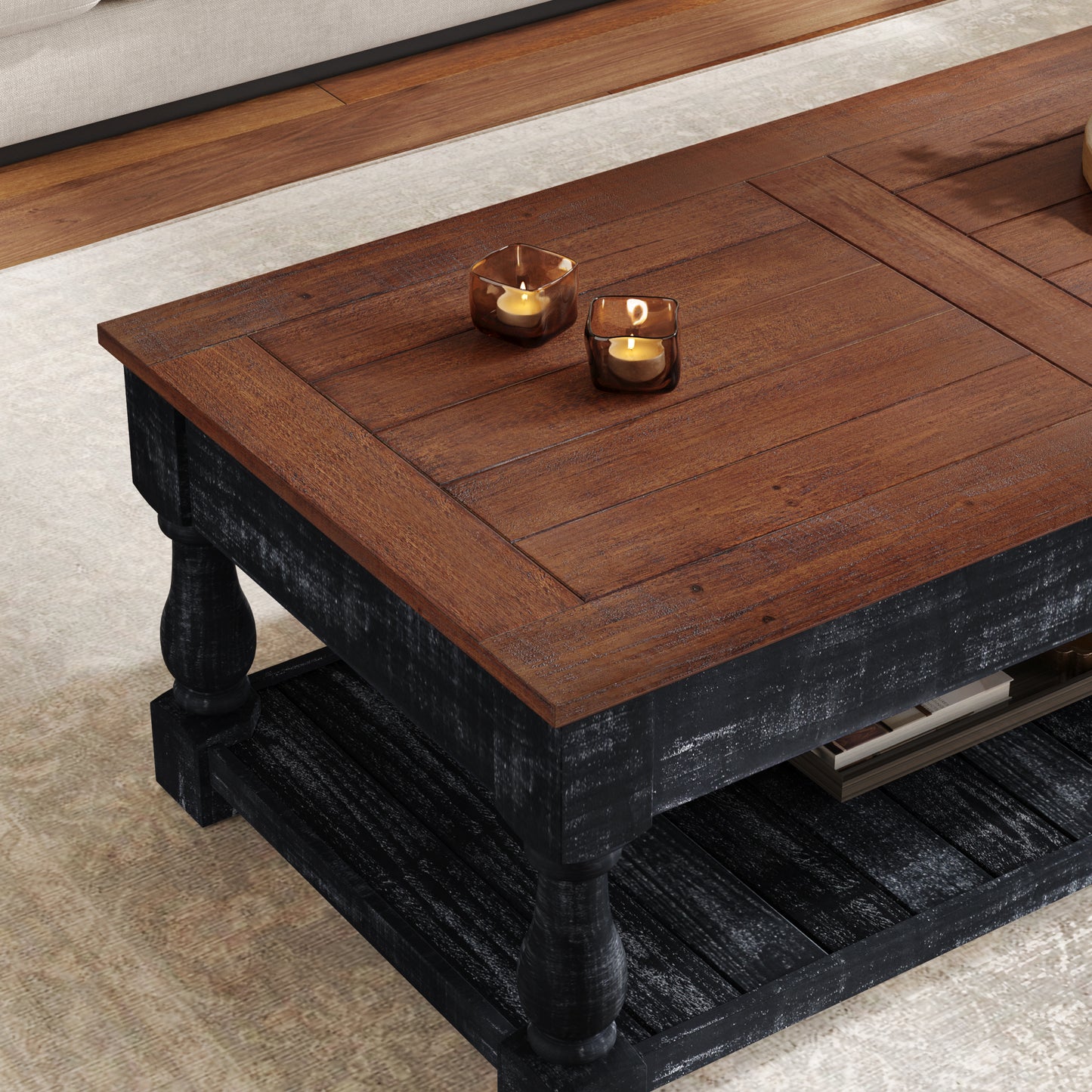 Retro Lift-Top Coffee Table with Storage - Espresso & Weathered Black