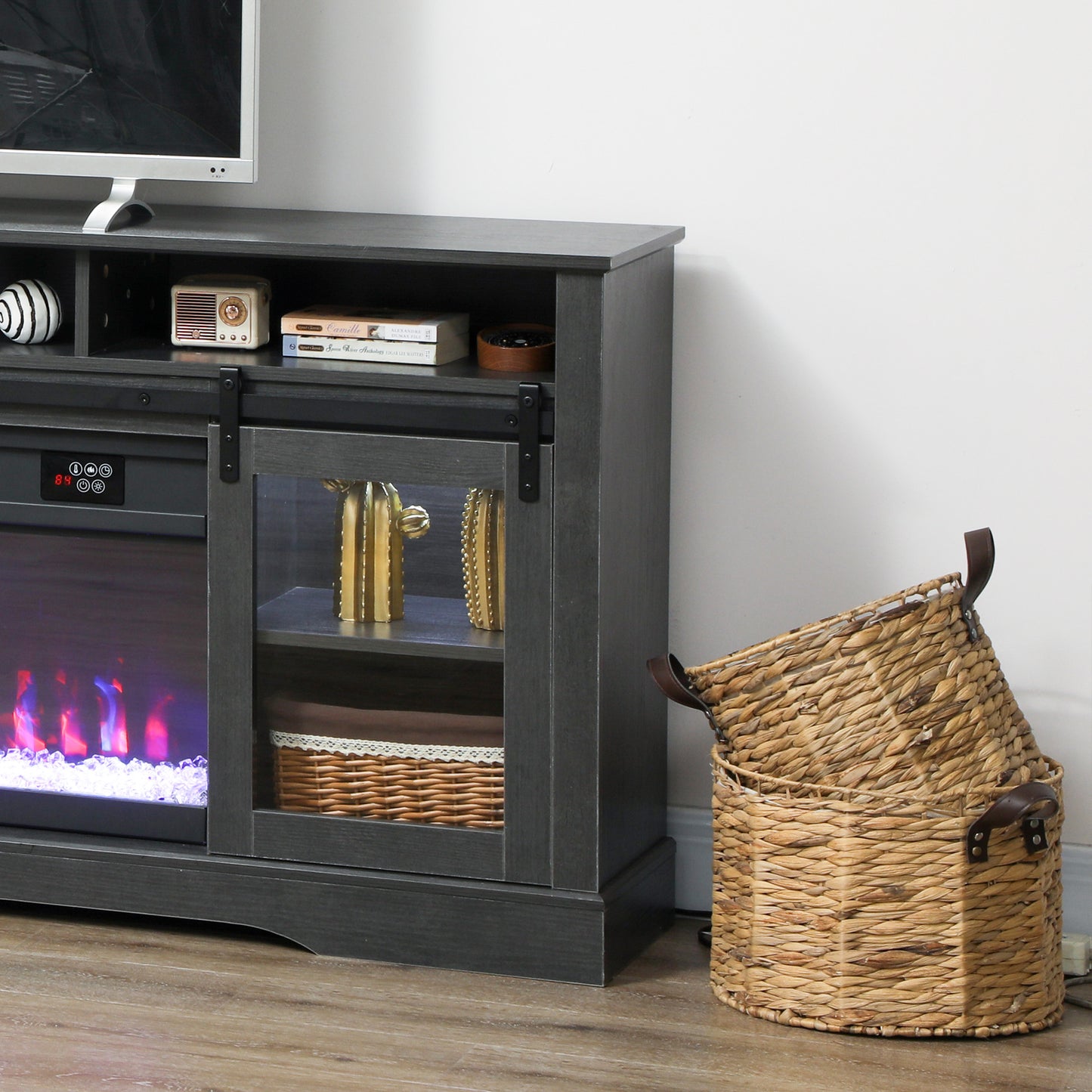 Electric Fireplace TV Stand for 80 Inch TVs, Gray Home Entertainment Console
