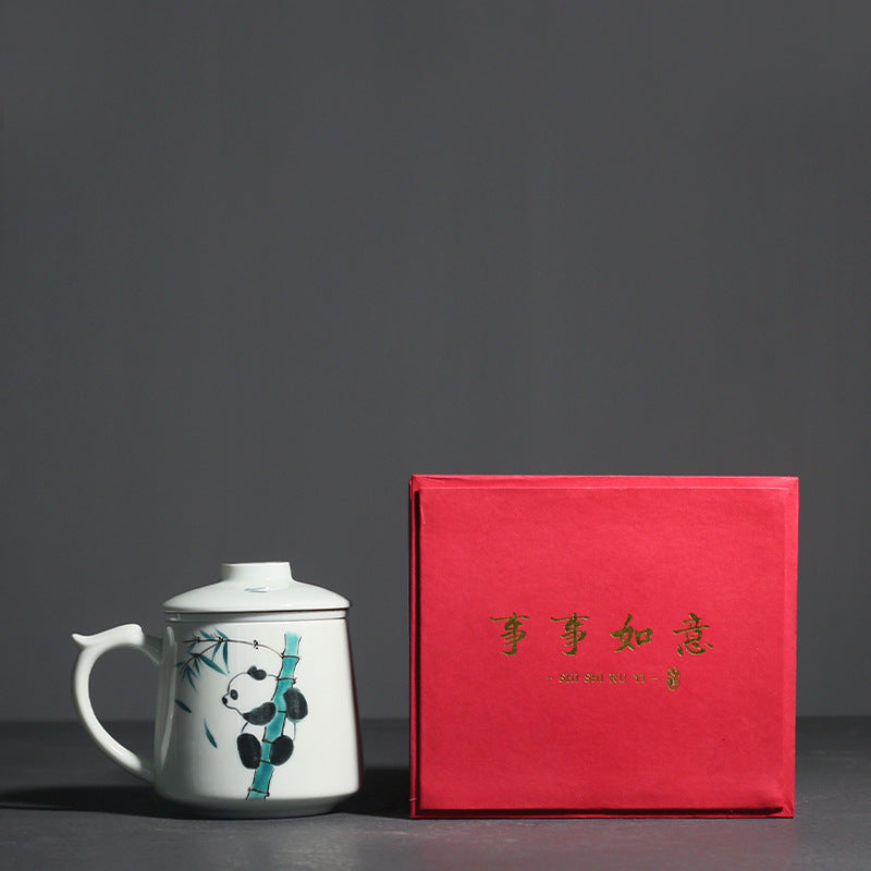 Hand Painted Panda Water Cup Ceramic Tea Set with Cover and Gift Box - Cute Animal Drinking Mug