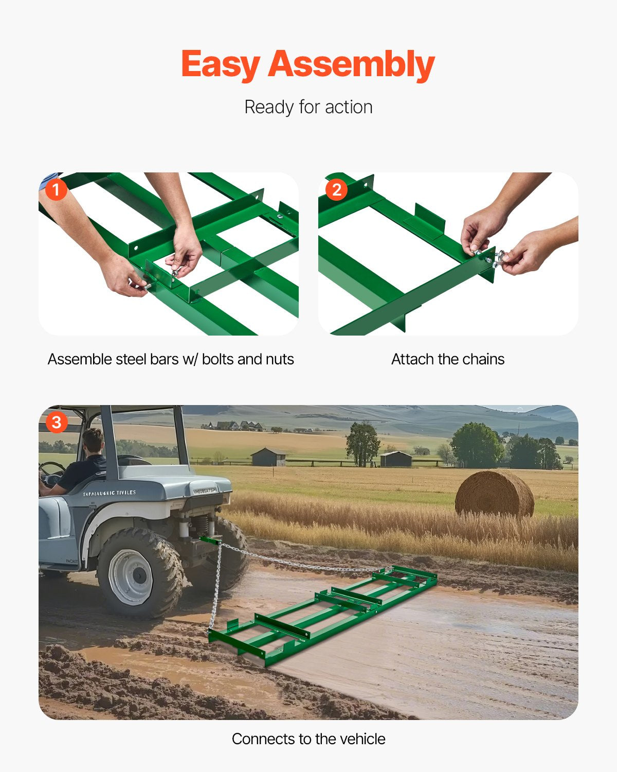 8 Ft Heavy Duty Tow Behind Drag Harrow Garden Soil Leveler Rake