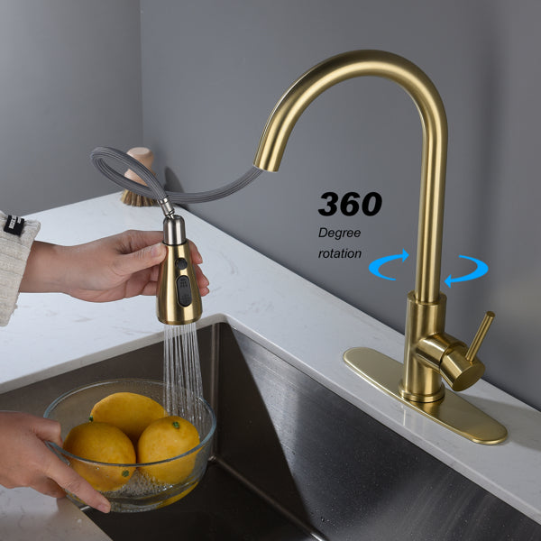 Brushed Gold Kitchen Faucet - High Arc Pull Down Sprayer