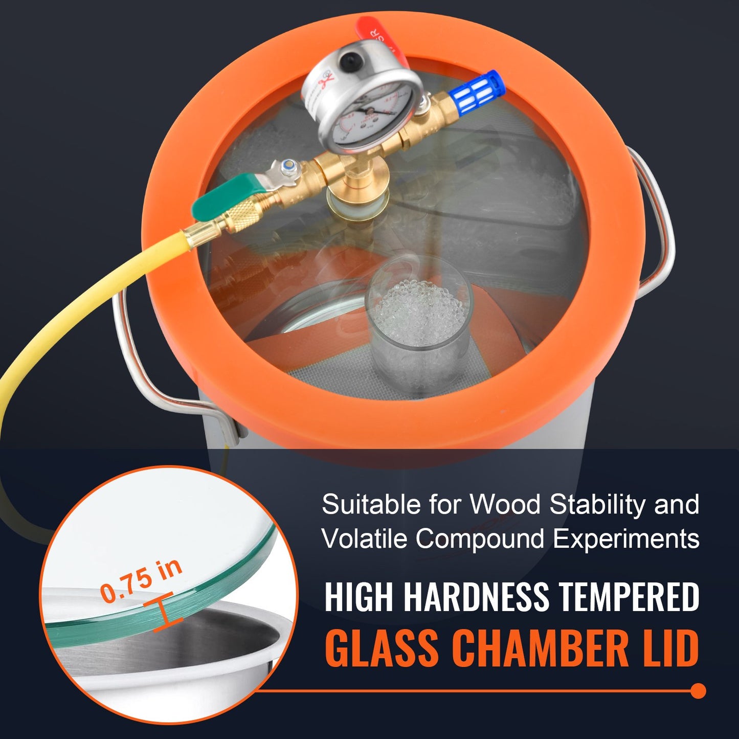 3 Gallon Vacuum Chamber with Tempered Glass Lid and Stainless Steel Body for Resin, Wood, and Silicone Degassing