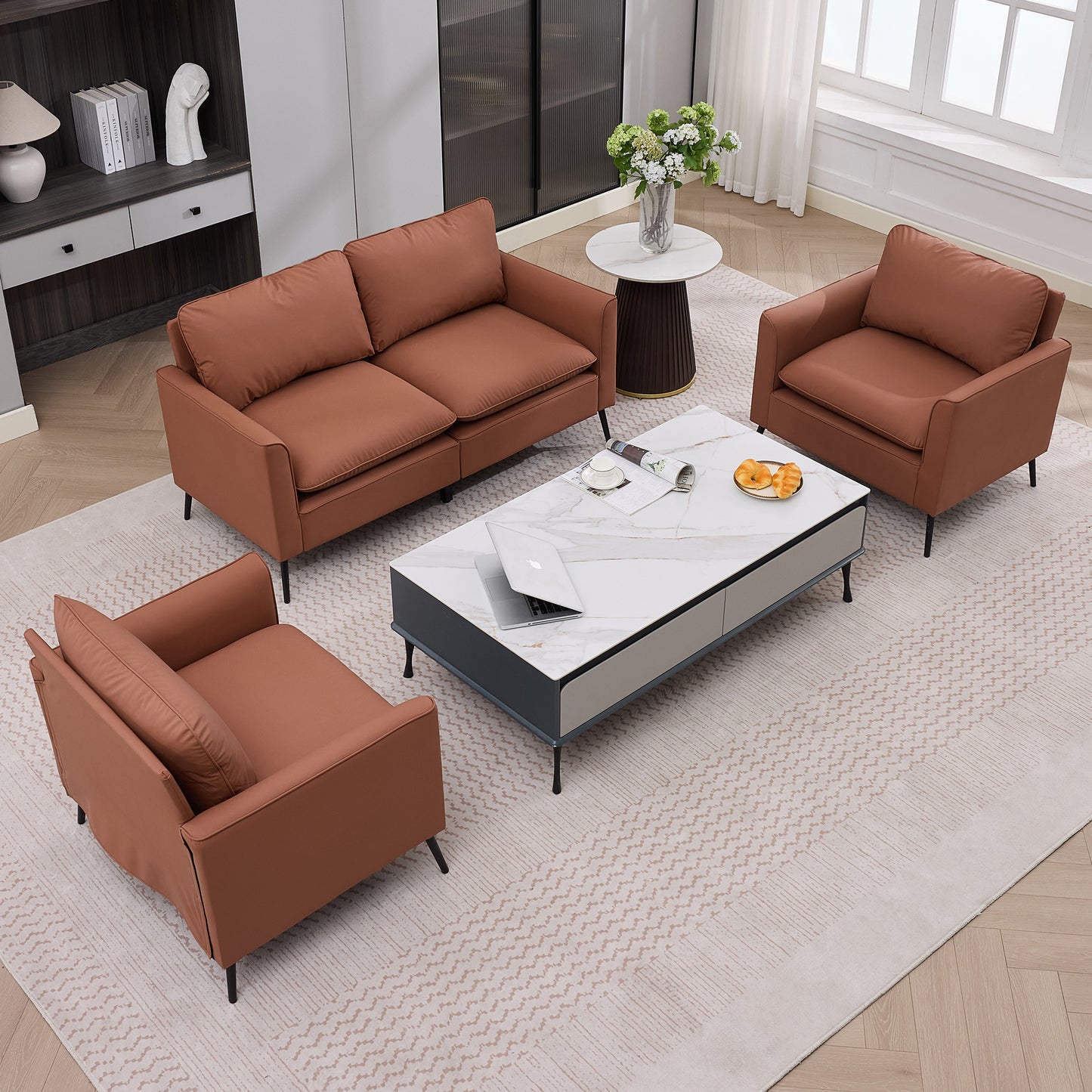 Brown Cat Paw Leather Loveseat Sofa - Nordic Retro Design