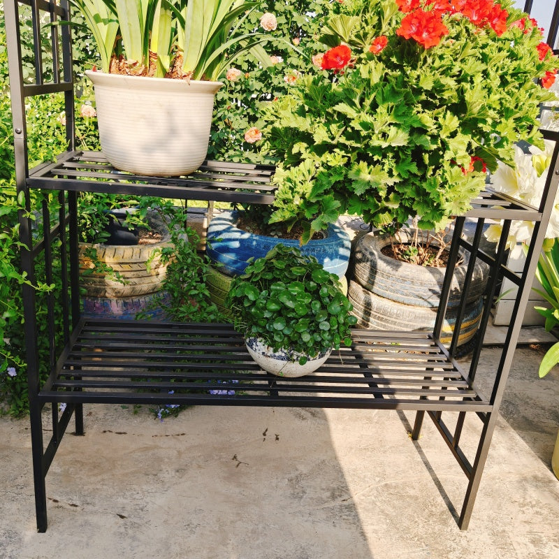 Metal Garden Arch with Convertible Bench and Flower Rack Support - Outdoor Black