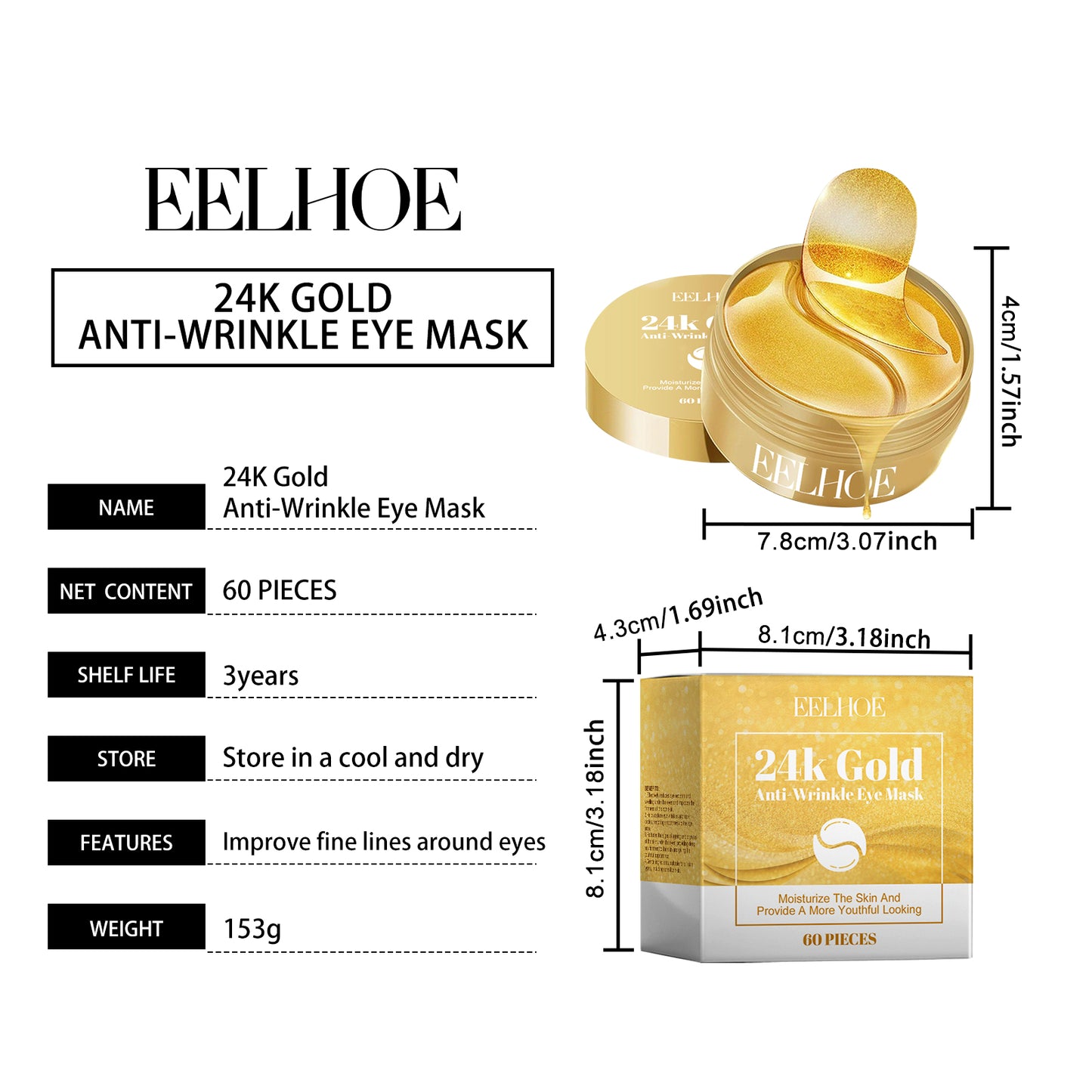 24K Gold Eye Mask Pack - Moisturizing Anti-Aging Eye Care 60pcs