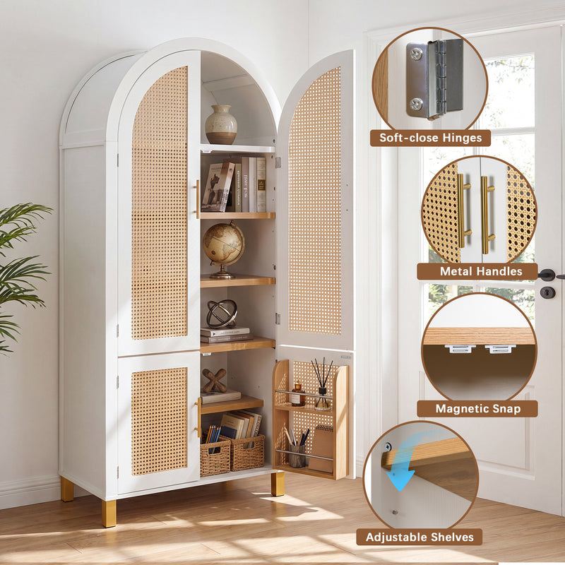 White Arched Rattan Cabinet with Adjustable Shelves - 4 Doors