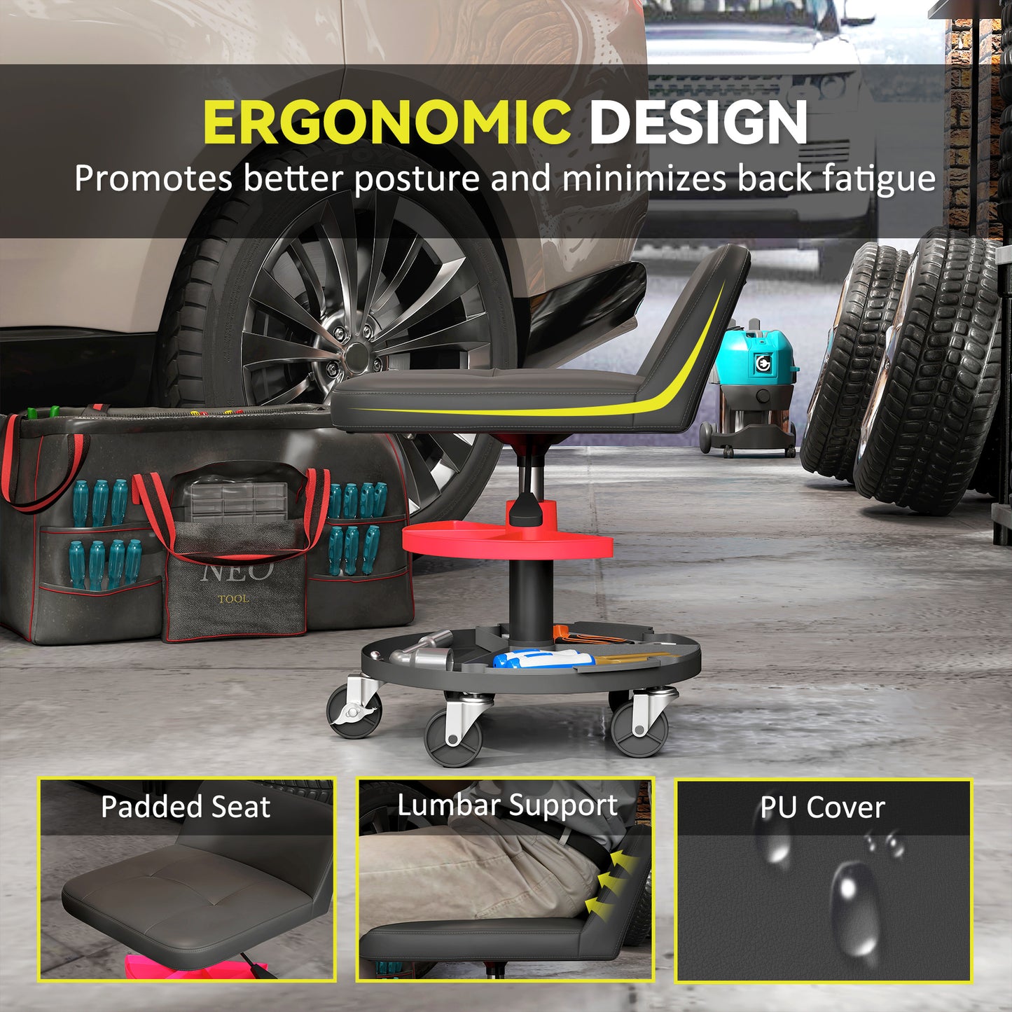 Adjustable Mechanic Stool with Tool Tray - 300 lbs Capacity, Black