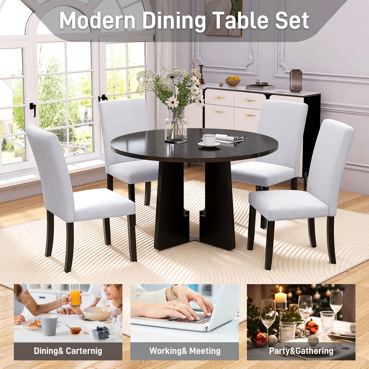 5-Piece Round Dining Table Set with 4 Upholstered Chairs - Beige & Black