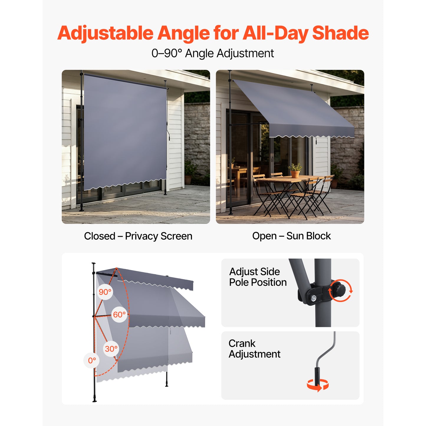 Manual Retractable Patio Awning 98 Inch Sunshade Shelter with Crank Handle - Dark Gray