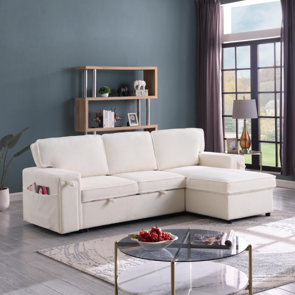 Upholstery Sleeper Sectional Sofa with Storage - Beige
