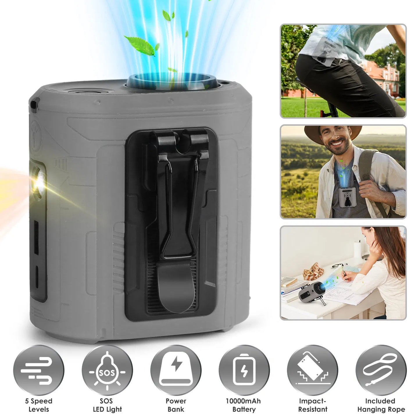5-in-1 Portable Waist Clip Fan with Flashlight - Hands-Free Cooling