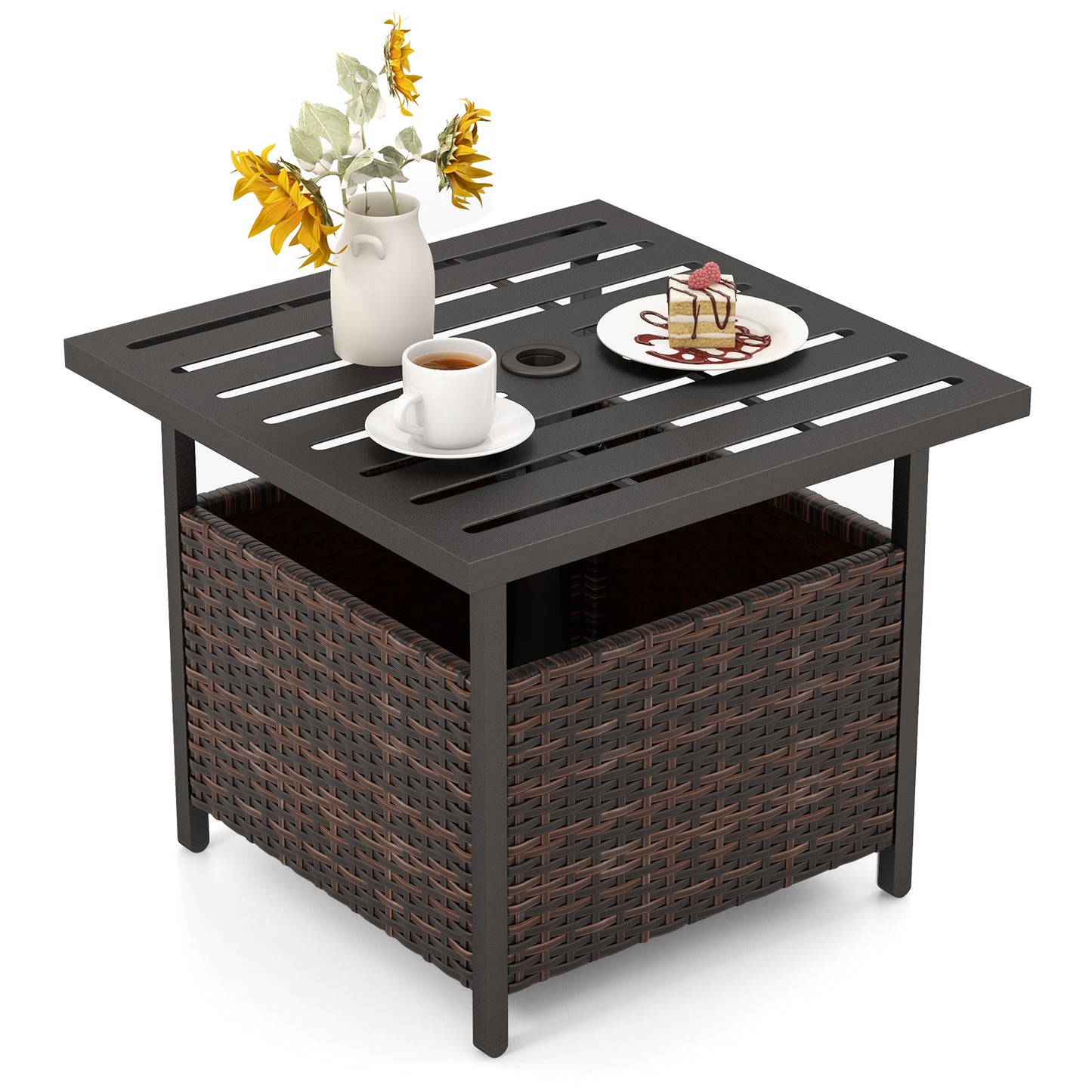 Outdoor Rattan Wicker Side Table with Steel Frame - Brown