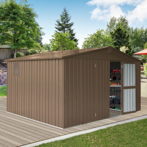 11x9 Metal Garden Storage Shed with Galvanized Steel Frame & Windows, Lockable Door - Dark Gray