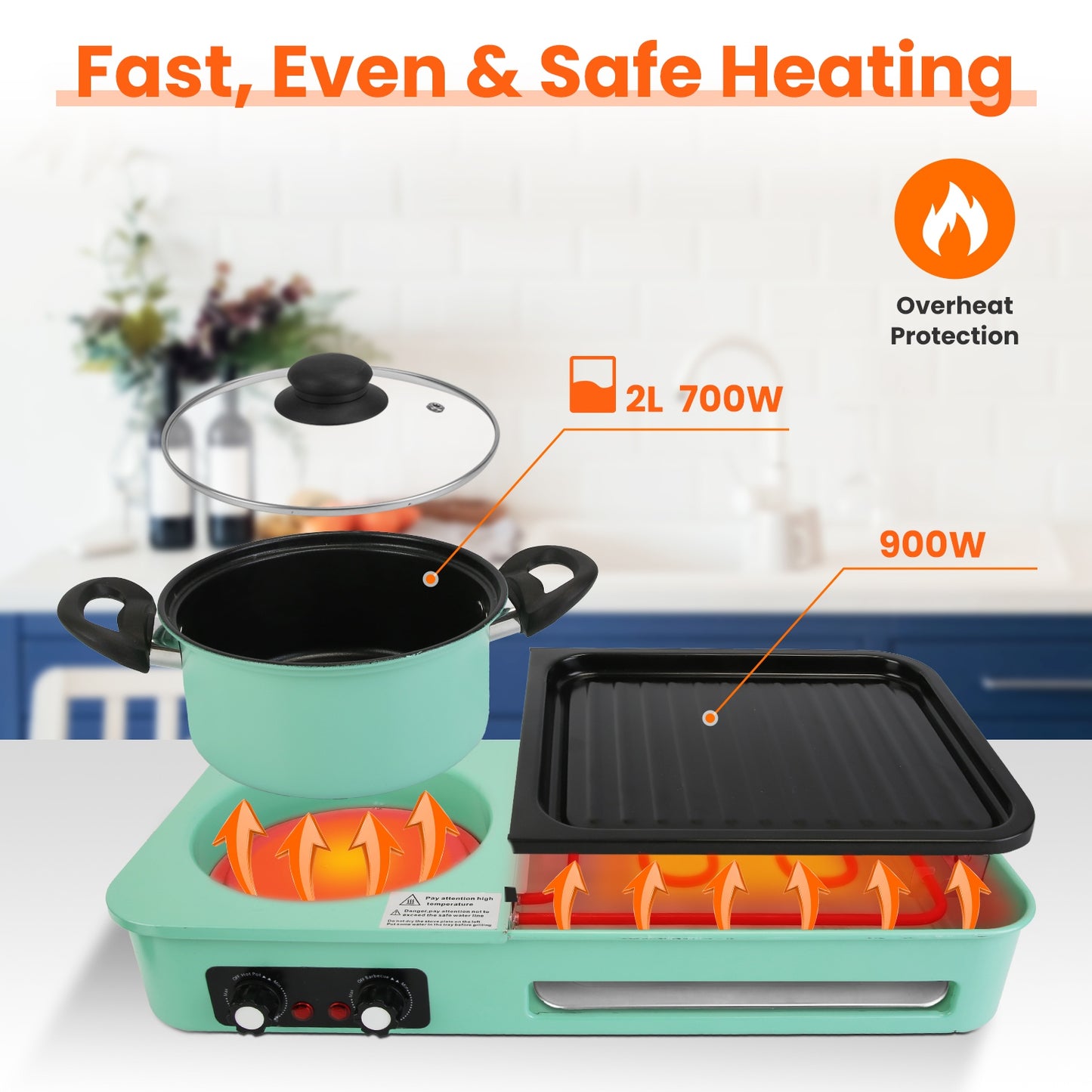 3-in-1 Electric Hot Pot and Grill - 1600W Smokeless Cooker