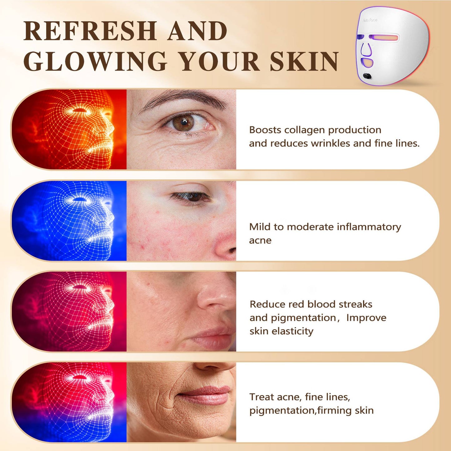 LED Light Therapy Face Mask - 3-Mode Red & Blue Light Skin Care Tool